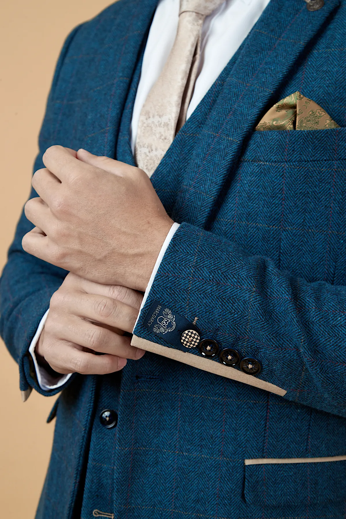 DION - Blue Tweed Suit With Ray Tan Check Waistcoat