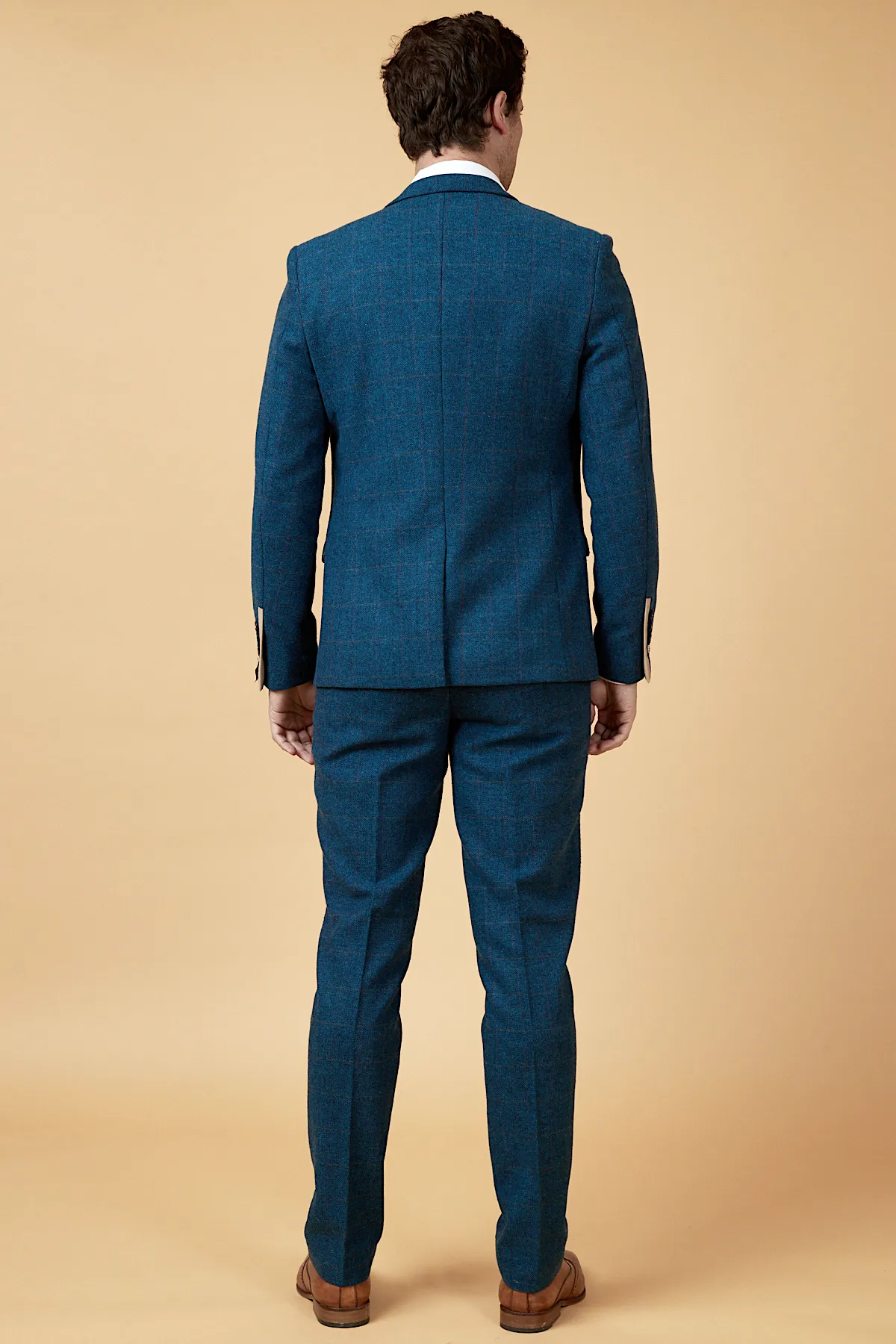 DION - Blue Tweed Suit With Ray Tan Check Waistcoat