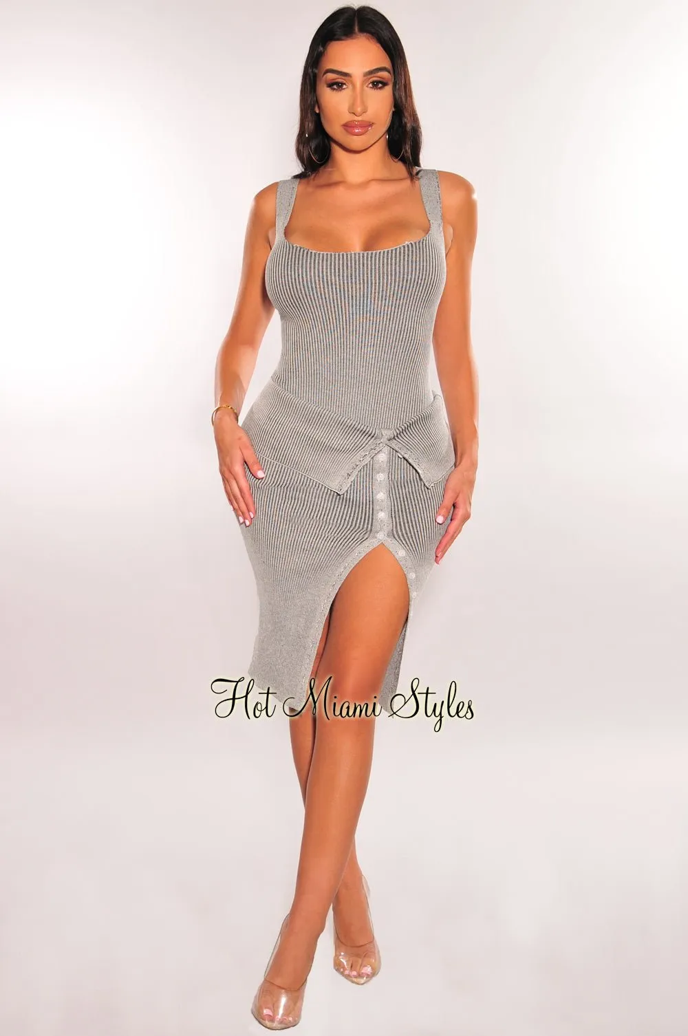 Dusty Gray Ribbed Cut Out Bodysuit Layover Button Up Skirt Two Piece Set