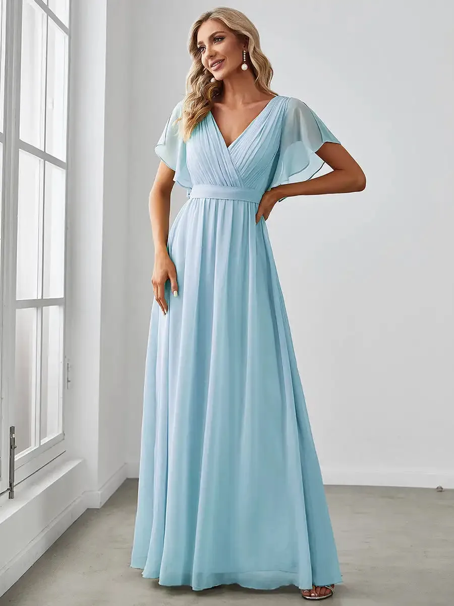 Elegant Evening dresses Long A LINE Short Sleeve V-Neck Chiffon Floor-Length Gown 2024 ever pretty of Simple Prom Women Dress