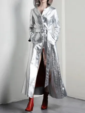 Elegant Silver Metallic Long Trench Coat