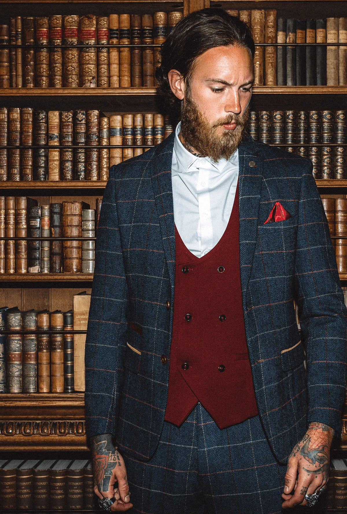 ETON - Navy Tweed Suit KELVIN Wine Waistcoat