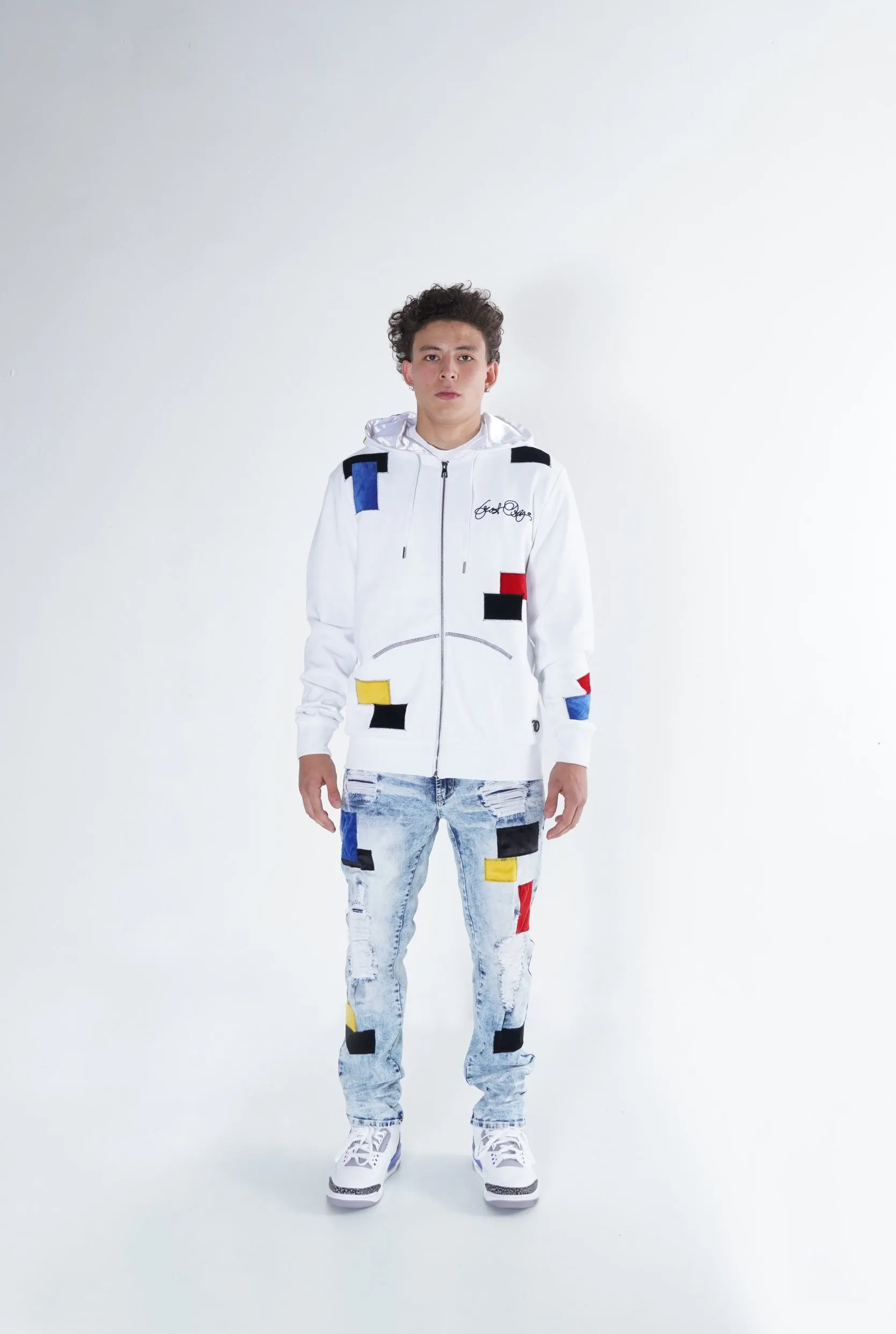 F5715 Frost Patchwork Zip Up Hoodie -  White