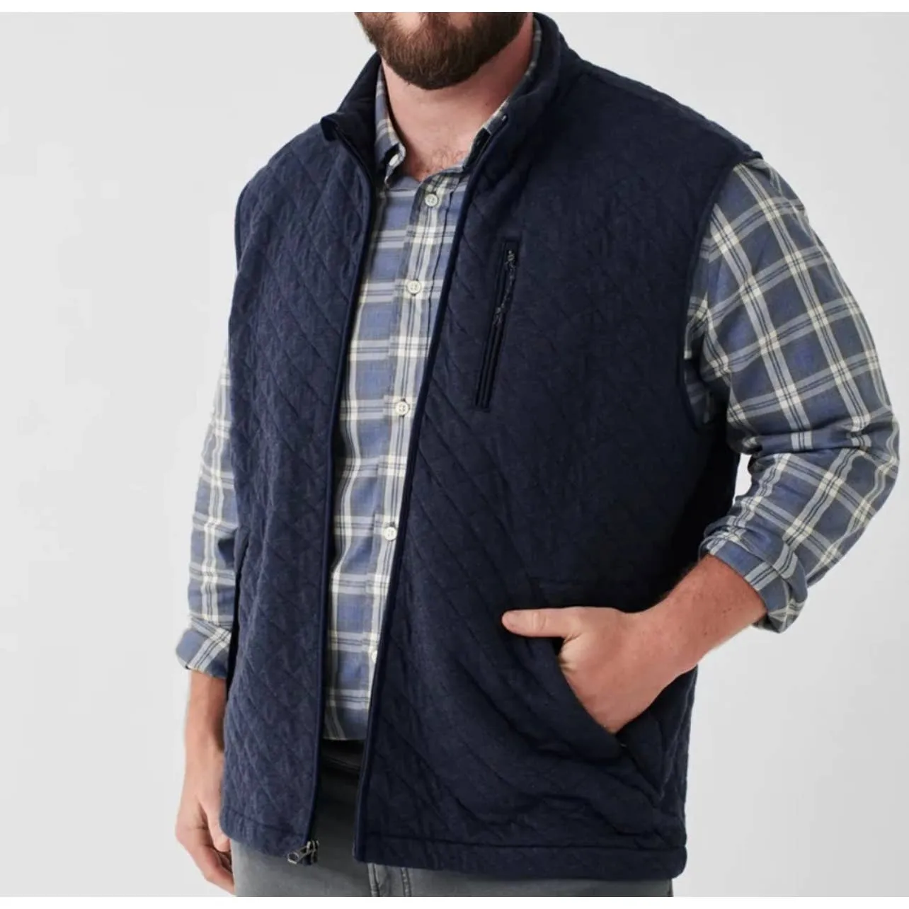 Faherty Men's "Epic Melange" Quilted Fleece Vest, Navy Blue, ZipUp, Size Medium