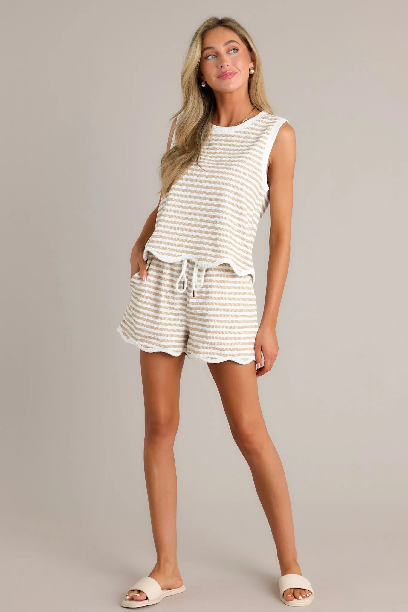 Feel Good Find Taupe Stripe Scallop Shorts