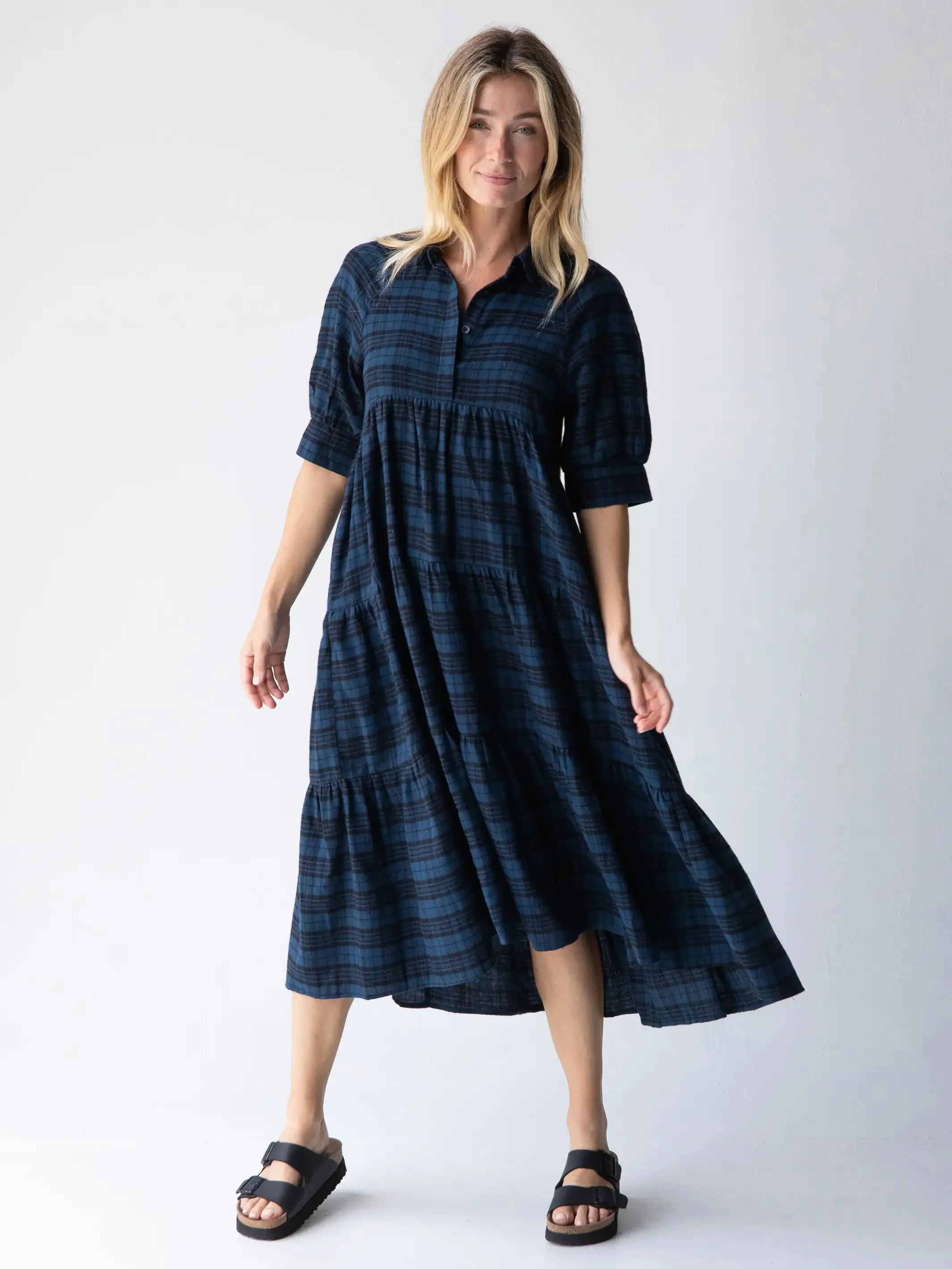 Flannel Rebecca Midi Dress - Blue Black Plaid