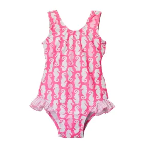 Flap Happy Upf 50  Delaney Hip Ruffle Swimsuit RSPF - Happy Pink Seahorses