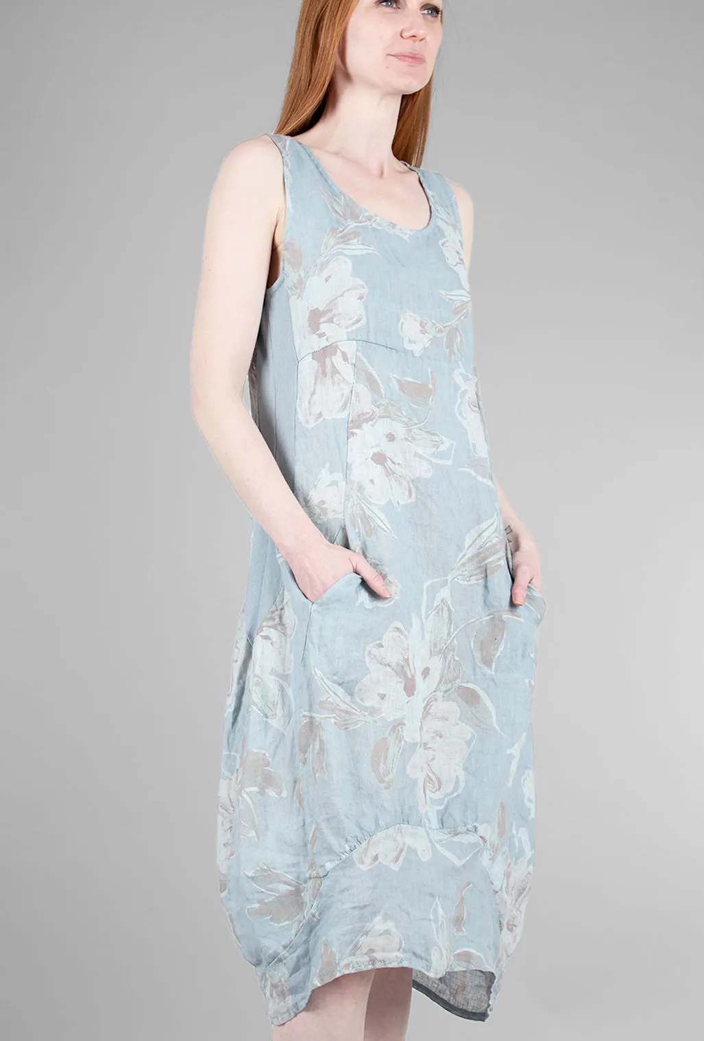 Floral Linen Balloon Dress, Sky Blue