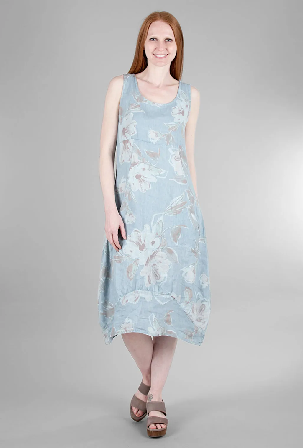 Floral Linen Balloon Dress, Sky Blue