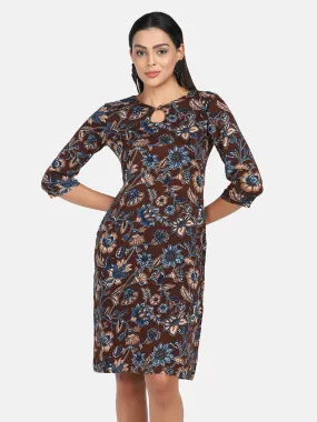 Floral Print Cotton Dress - Brown and Blue