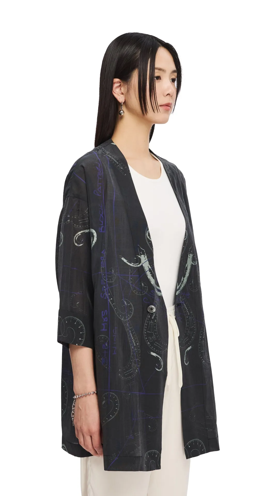 French Curve Ruler Print Kimono Coat