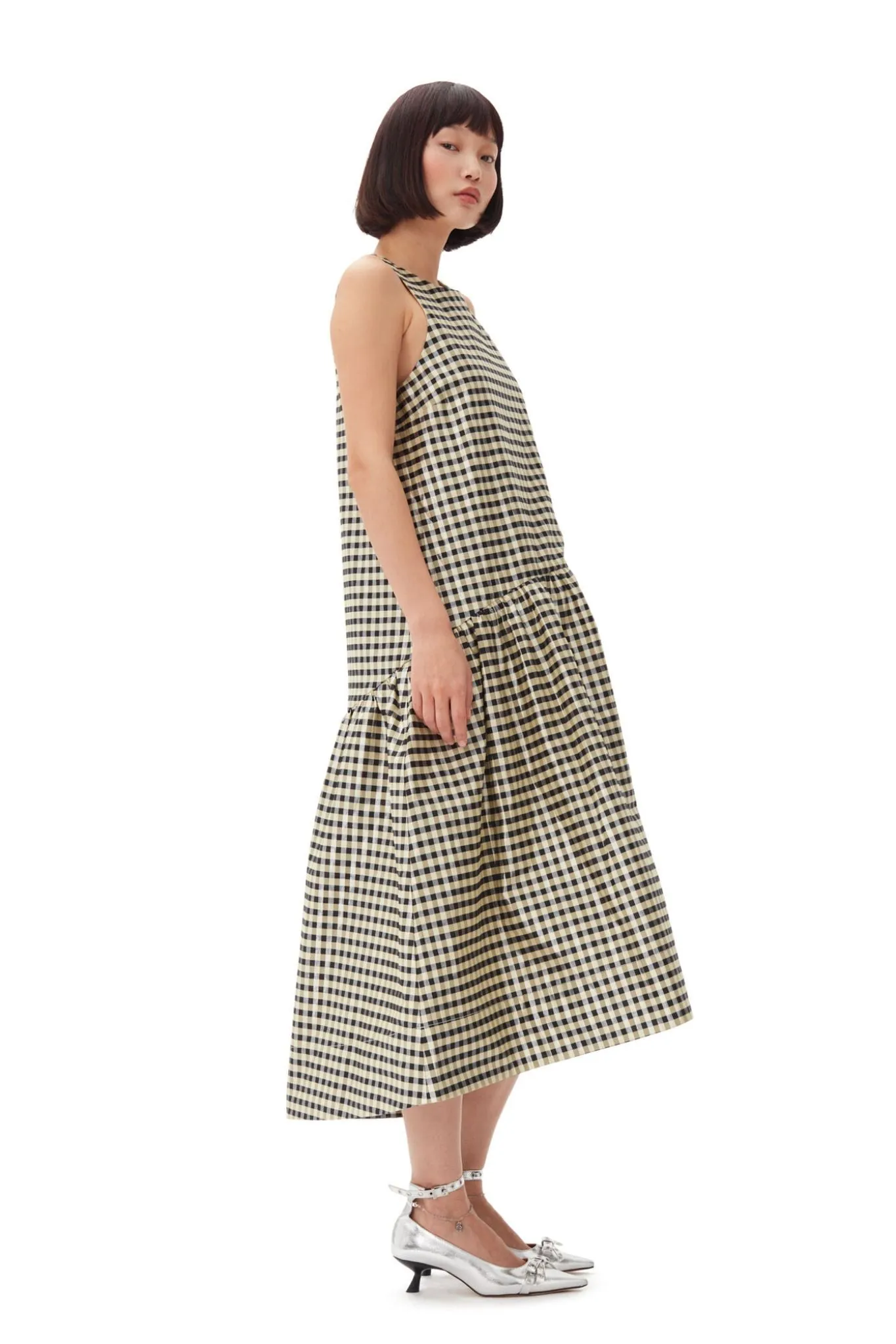 Ganni Shiny Check Jacquard Midi Dress