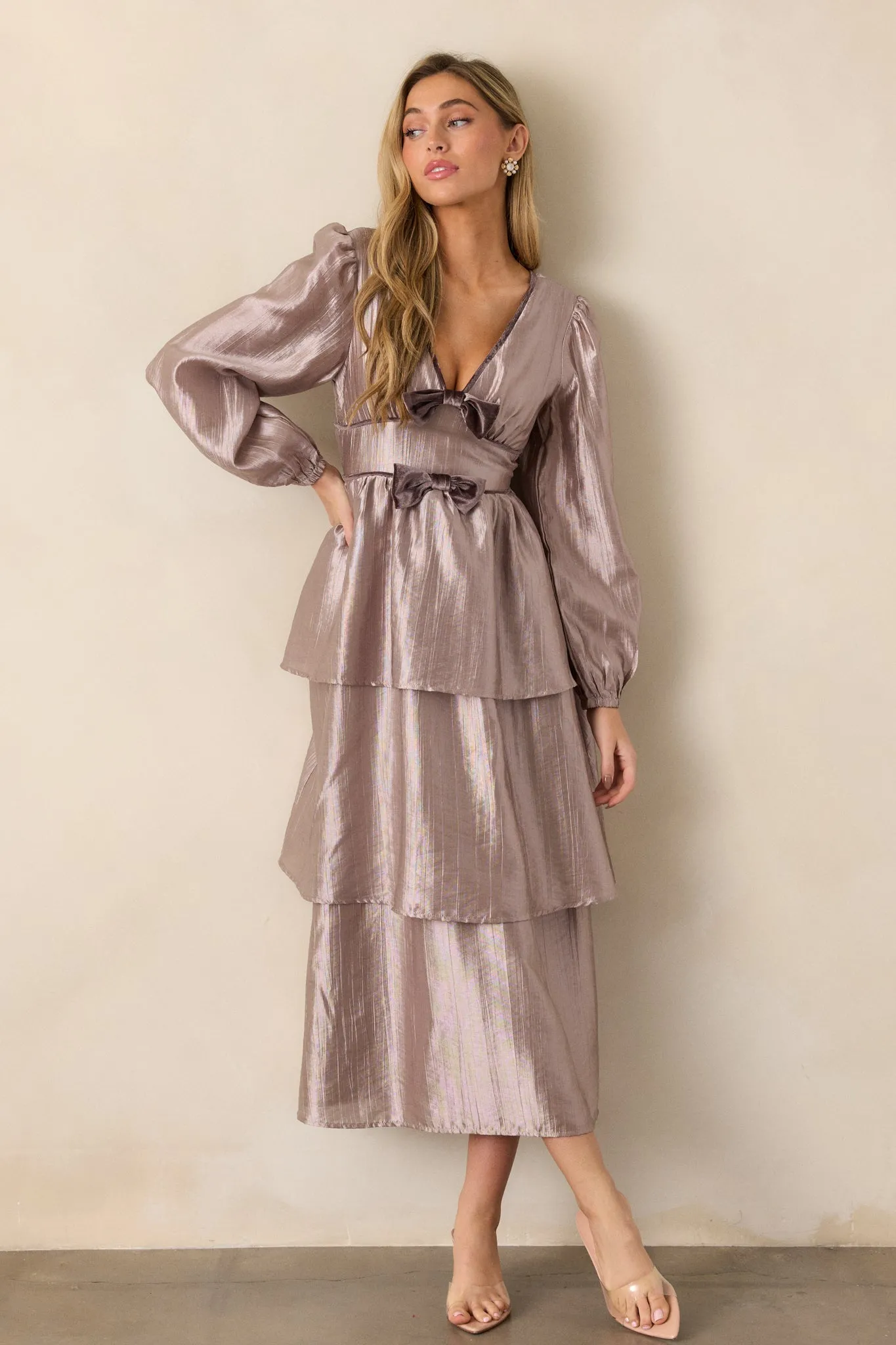 Glamorous Gaze Metallic Grey Tiered Midi Dress