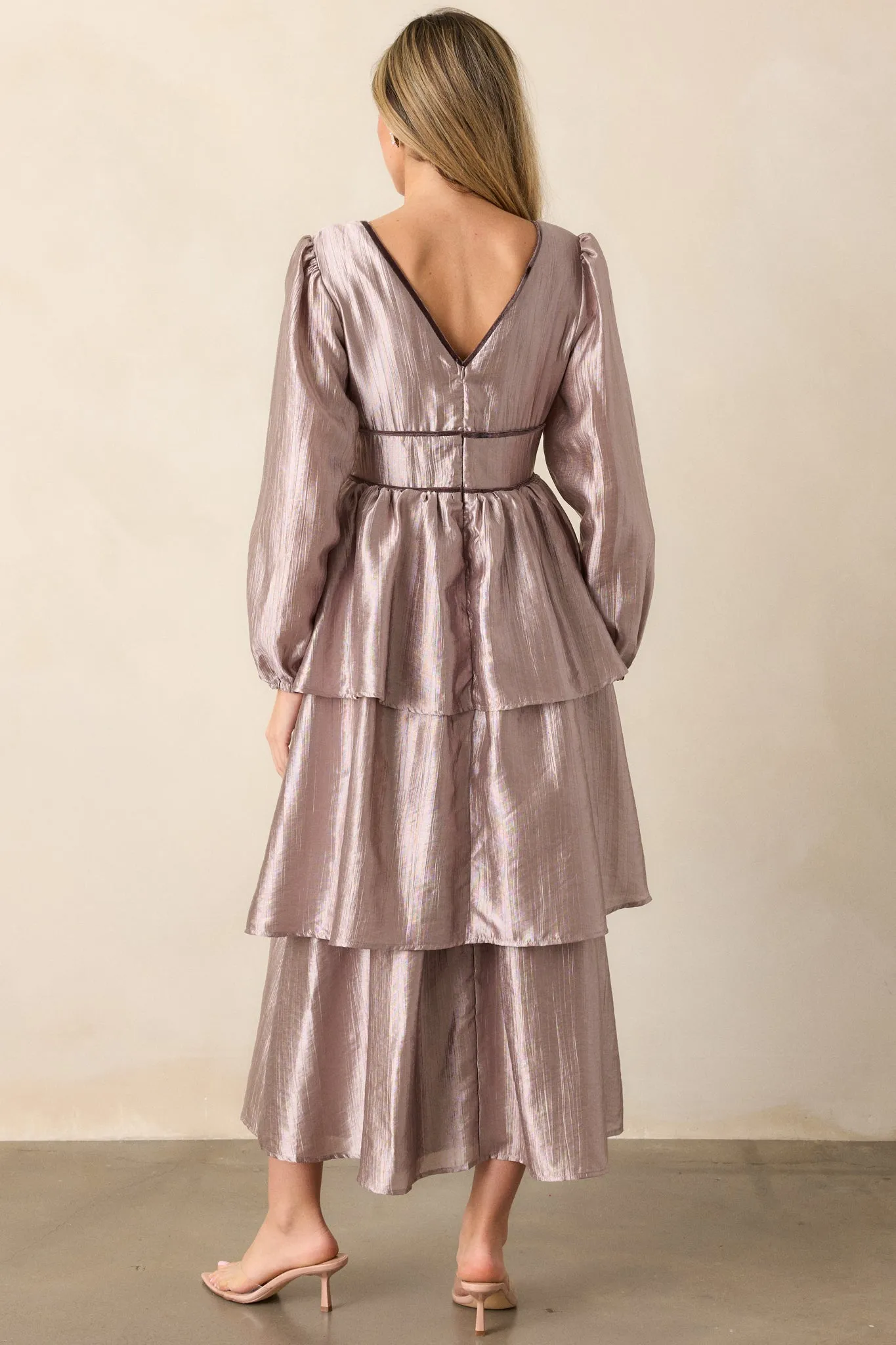 Glamorous Gaze Metallic Grey Tiered Midi Dress