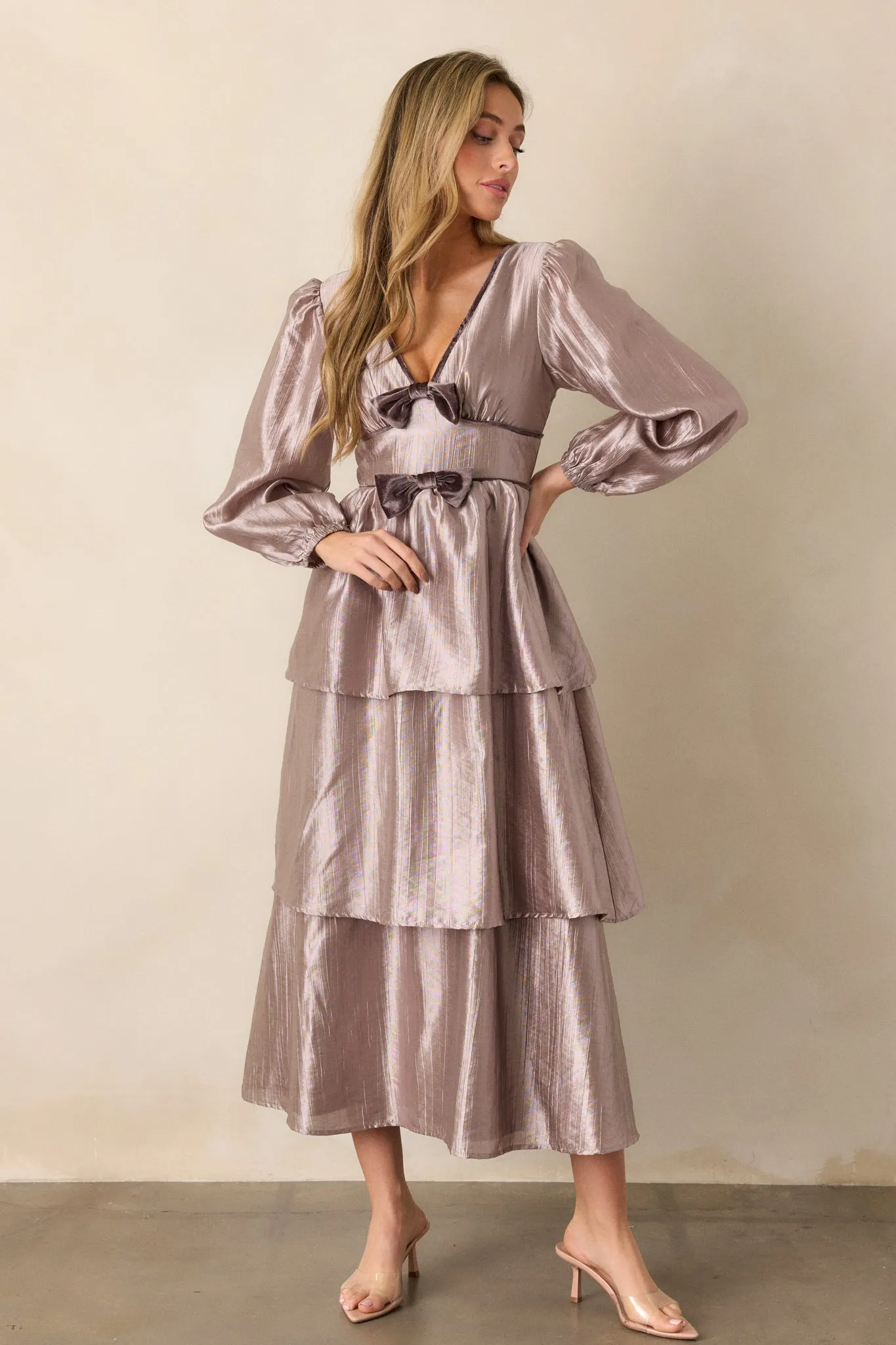 Glamorous Gaze Metallic Grey Tiered Midi Dress