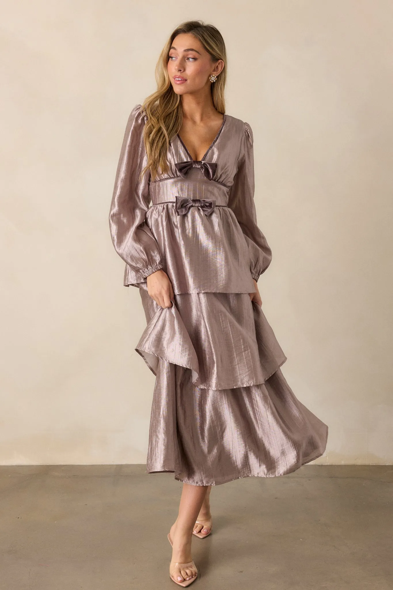 Glamorous Gaze Metallic Grey Tiered Midi Dress