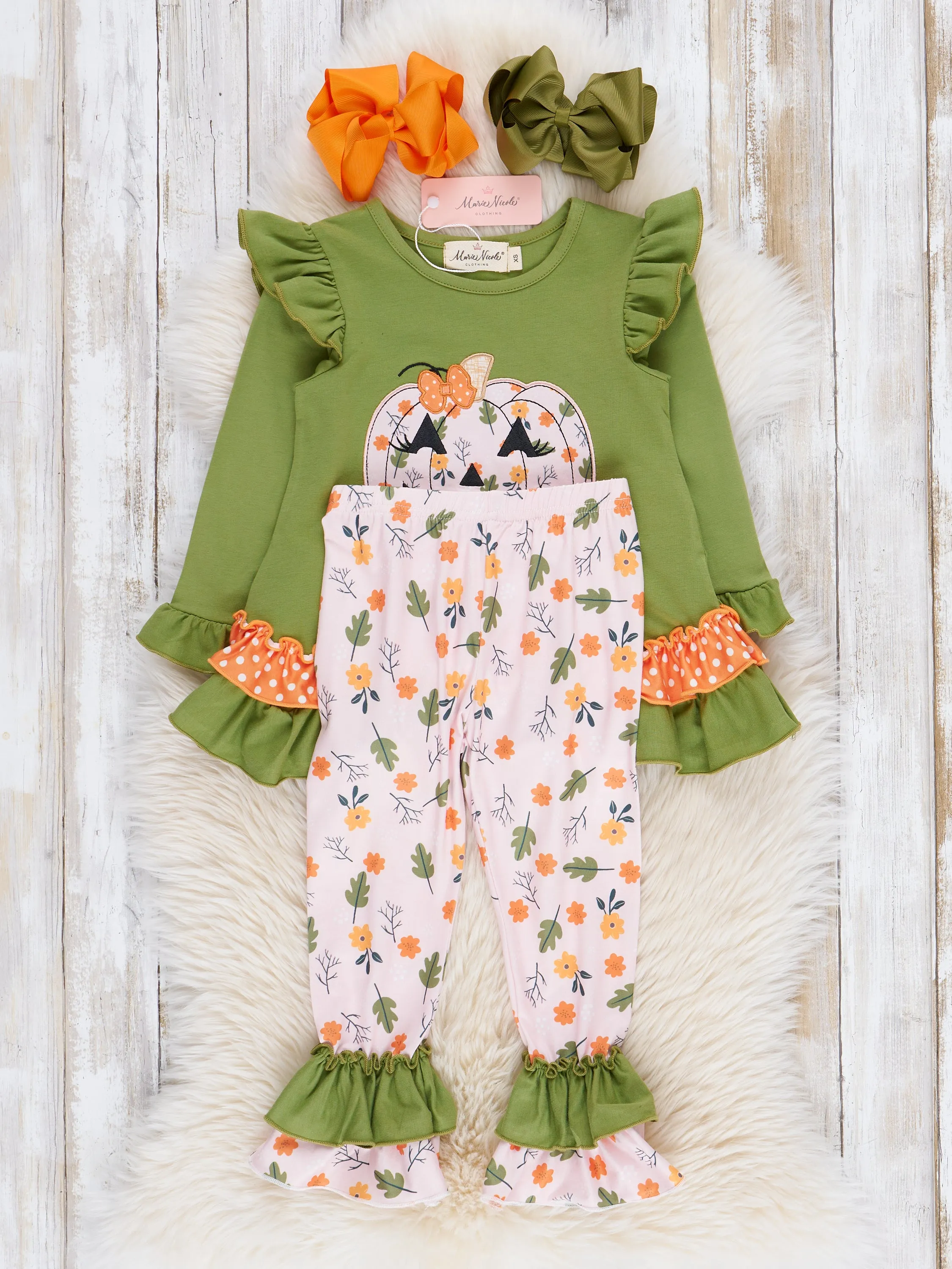 Green Embroidered Floral Jack-o-Lantern Ruffle Outfit