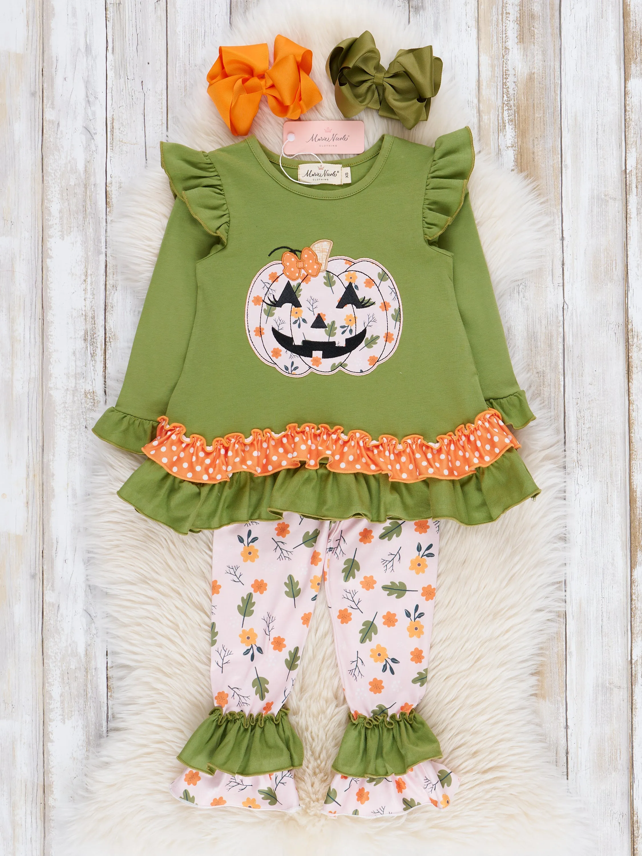 Green Embroidered Floral Jack-o-Lantern Ruffle Outfit