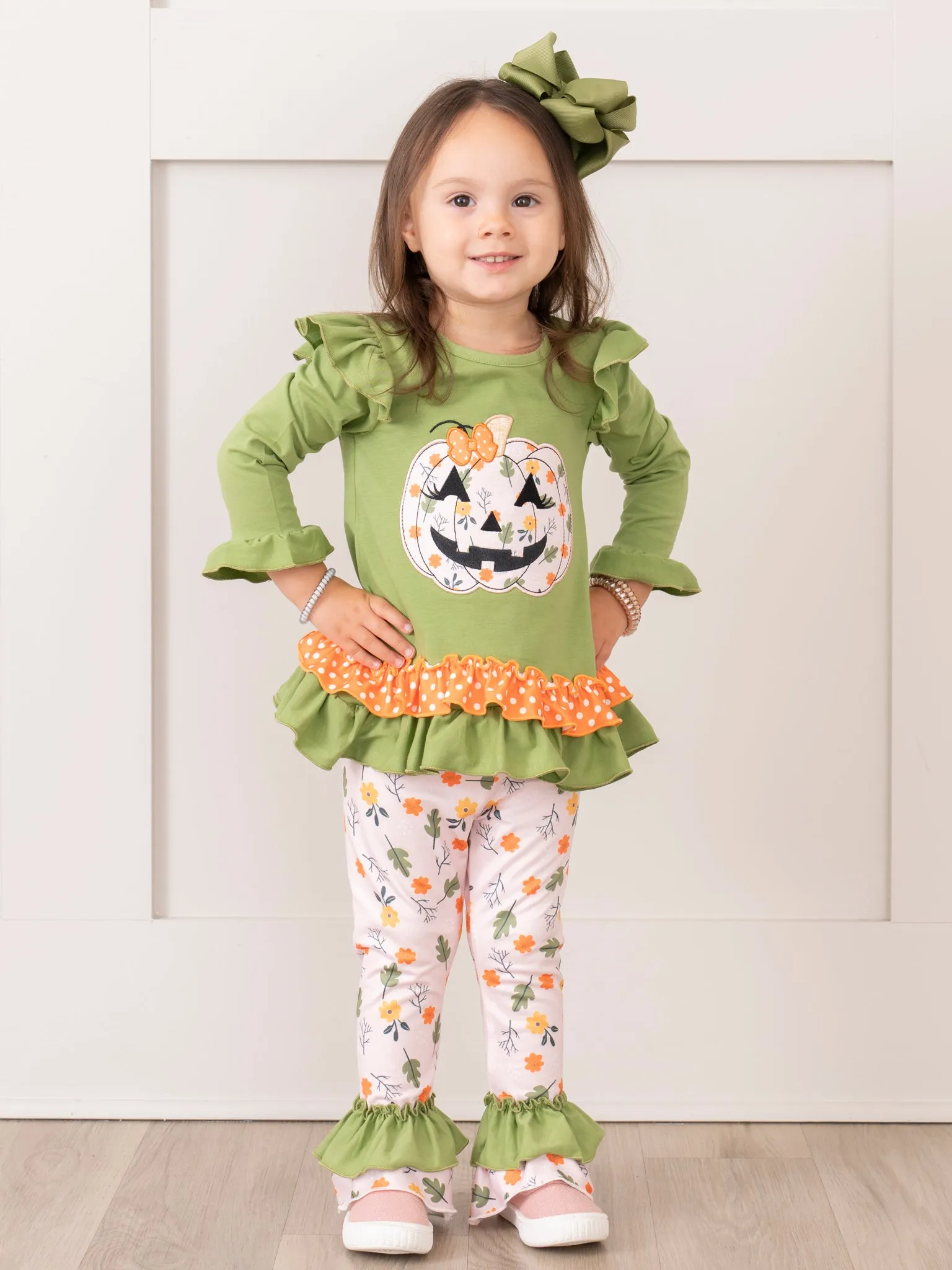 Green Embroidered Floral Jack-o-Lantern Ruffle Outfit