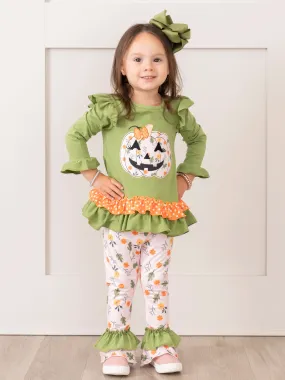 Green Embroidered Floral Jack-o-Lantern Ruffle Outfit