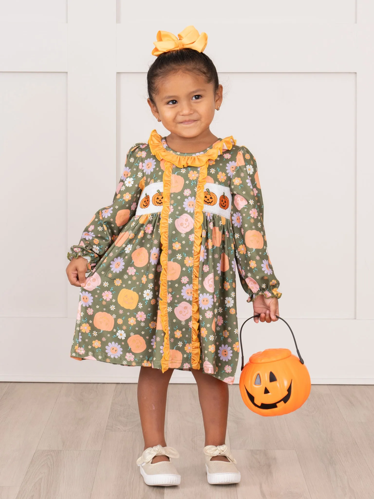 Green Jack-o-Lantern Garden Smocked Ruffle Dress