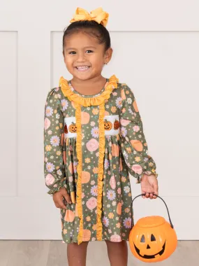 Green Jack-o-Lantern Garden Smocked Ruffle Dress