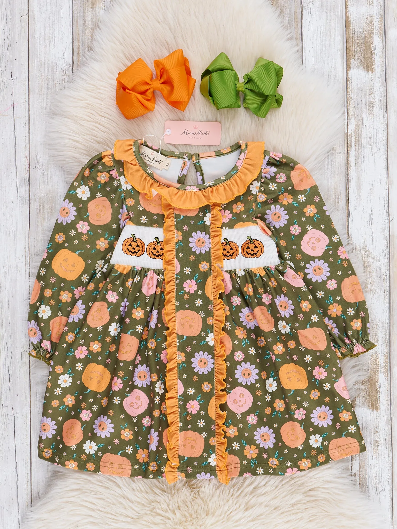 Green Jack-o-Lantern Garden Smocked Ruffle Dress