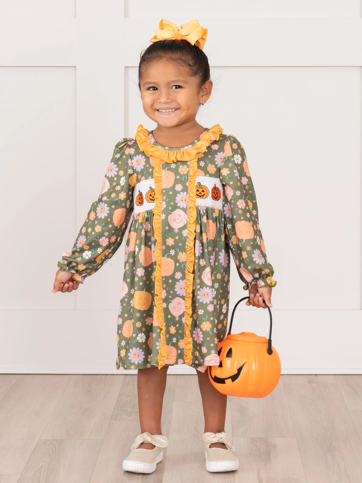 Green Jack-o-Lantern Garden Smocked Ruffle Dress