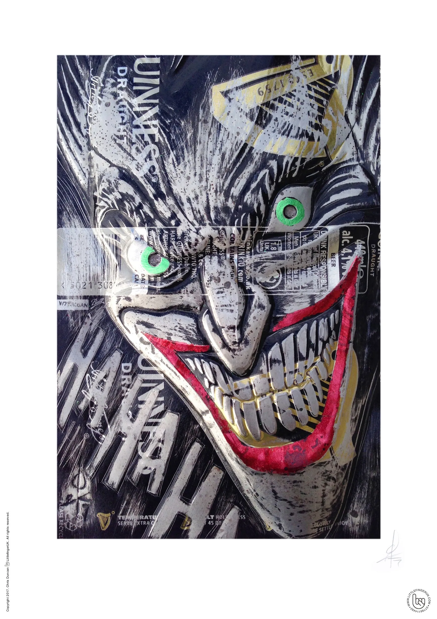 Hand Signed PRINT by Chris Duncan, JOKER on Guinness Can