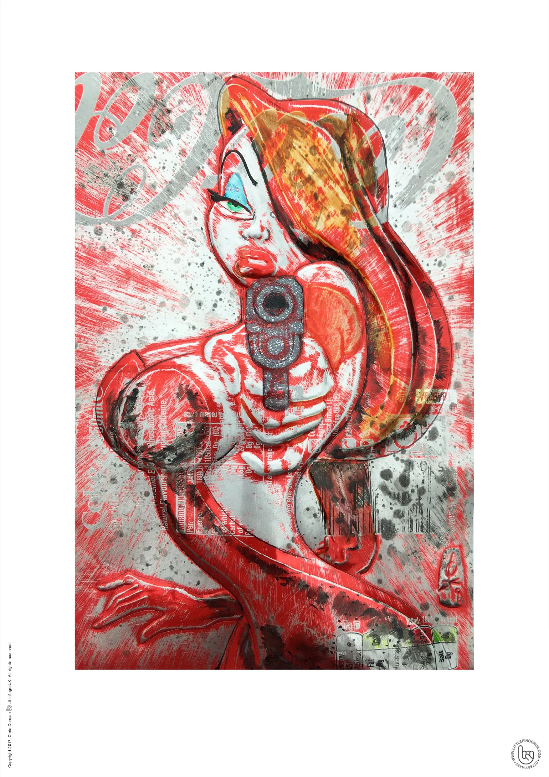 Hand Signed PRINT - JESSICA RABBIT with gun on COKE can