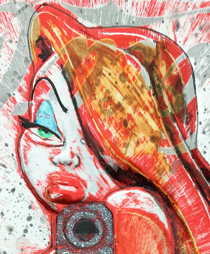 Hand Signed PRINT - JESSICA RABBIT with gun on COKE can