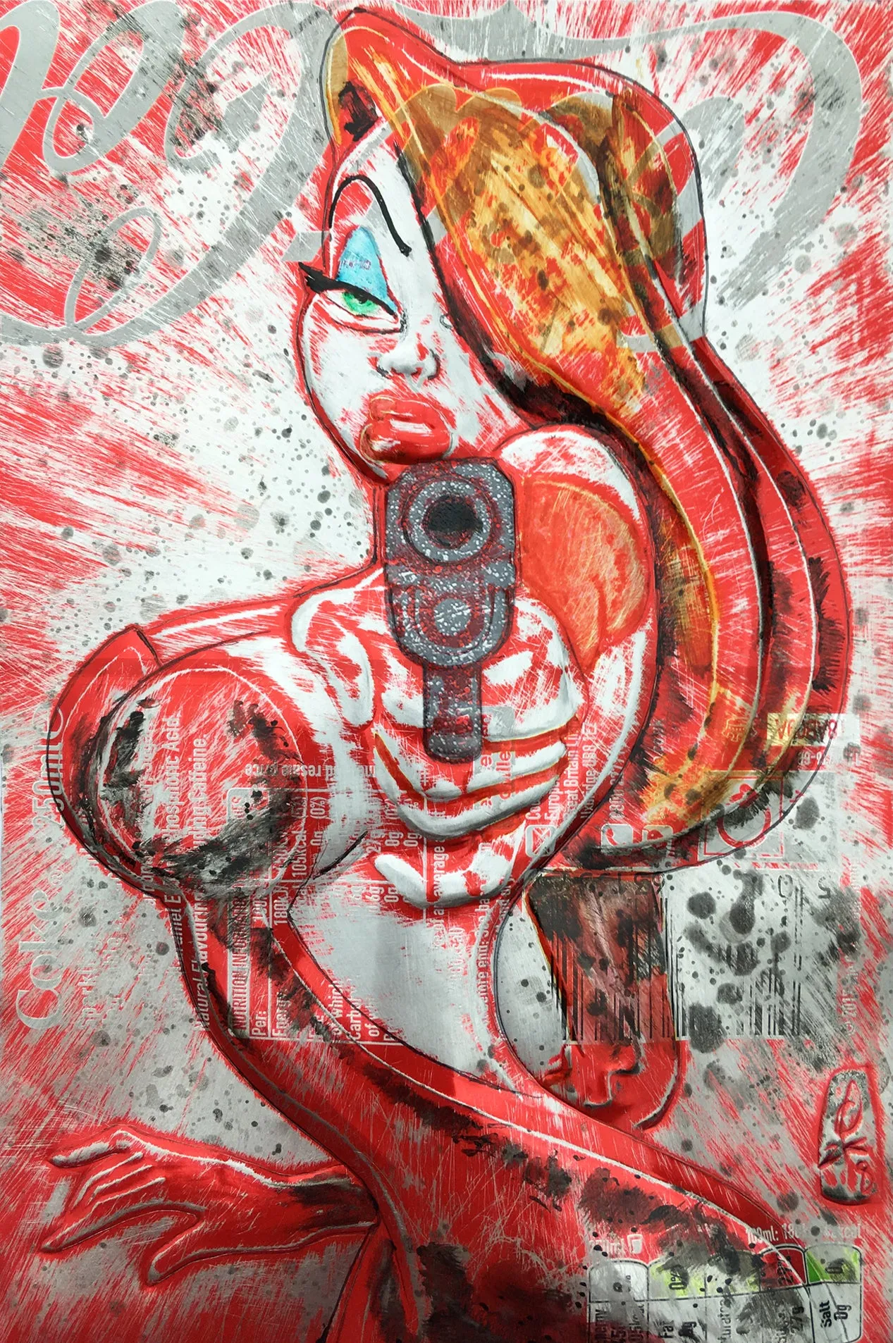 Hand Signed PRINT - JESSICA RABBIT with gun on COKE can