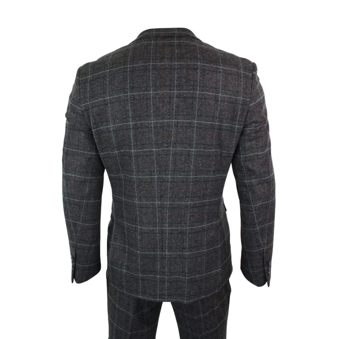 Harvey - Men's Boys Grey Black 3 Piece Tweed Suit Herringbone Wine Check