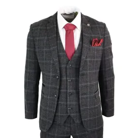 Harvey - Men's Boys Grey Black 3 Piece Tweed Suit Herringbone Wine Check