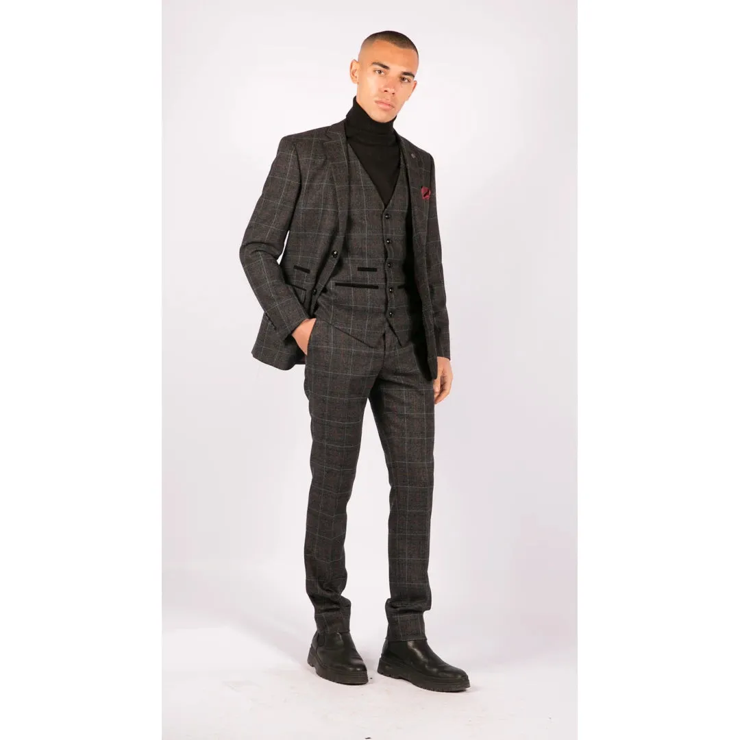 Harvey - Men's Boys Grey Black 3 Piece Tweed Suit Herringbone Wine Check