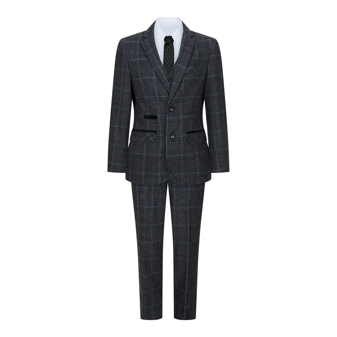 Harvey - Men's Boys Grey Black 3 Piece Tweed Suit Herringbone Wine Check