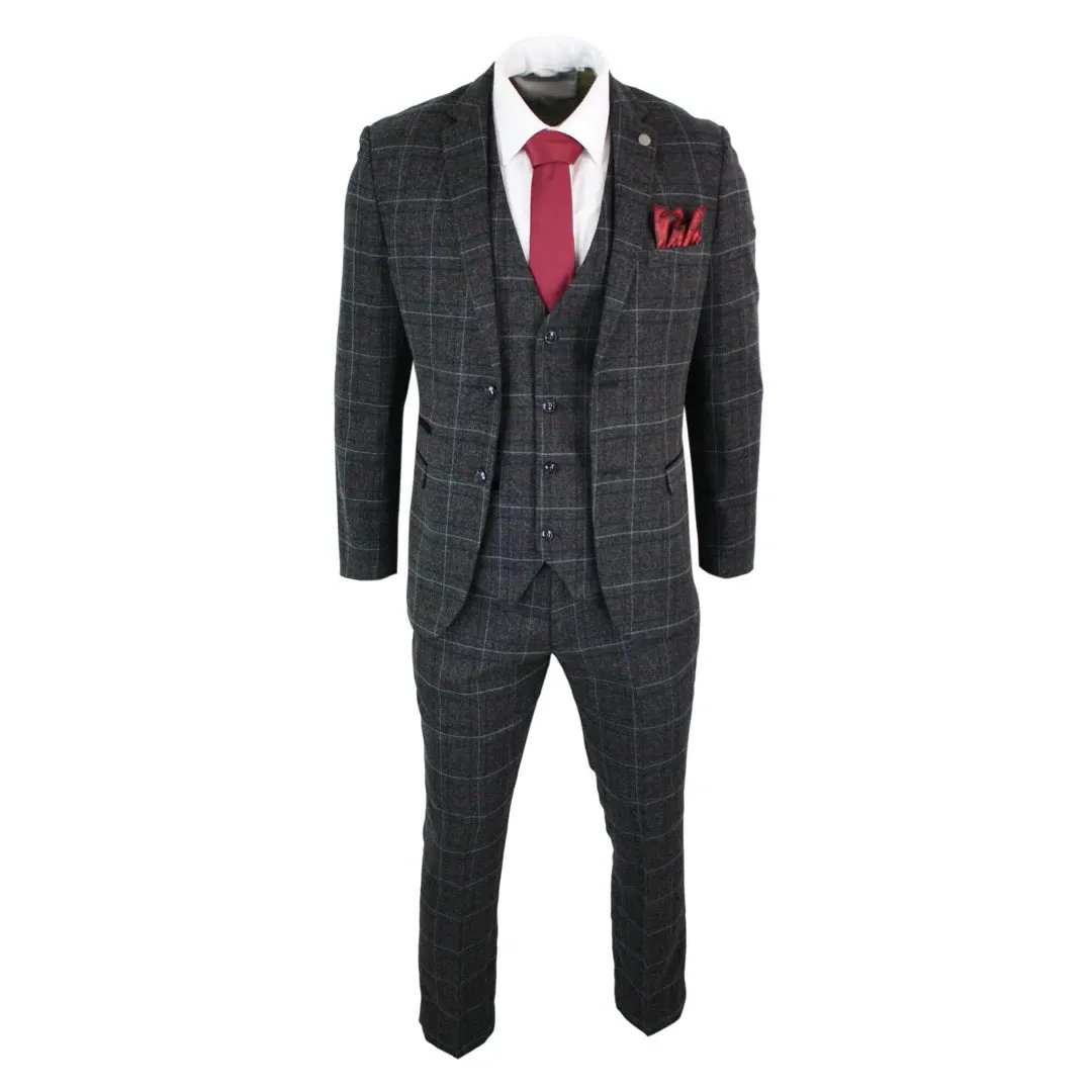 Harvey - Men's Boys Grey Black 3 Piece Tweed Suit Herringbone Wine Check