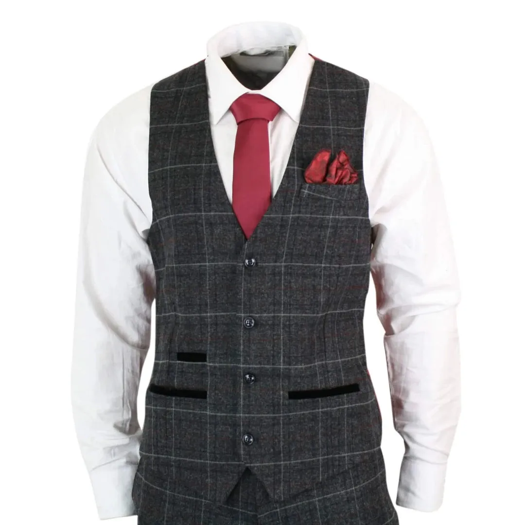 Harvey - Men's Boys Grey Black 3 Piece Tweed Suit Herringbone Wine Check