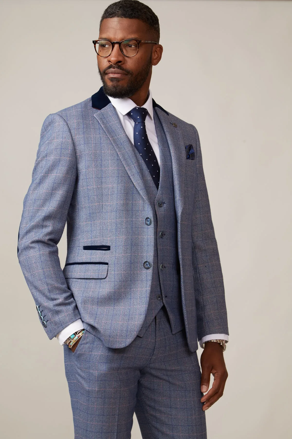 HILTON - Blue Velvet Trim Tweed Check Blazer