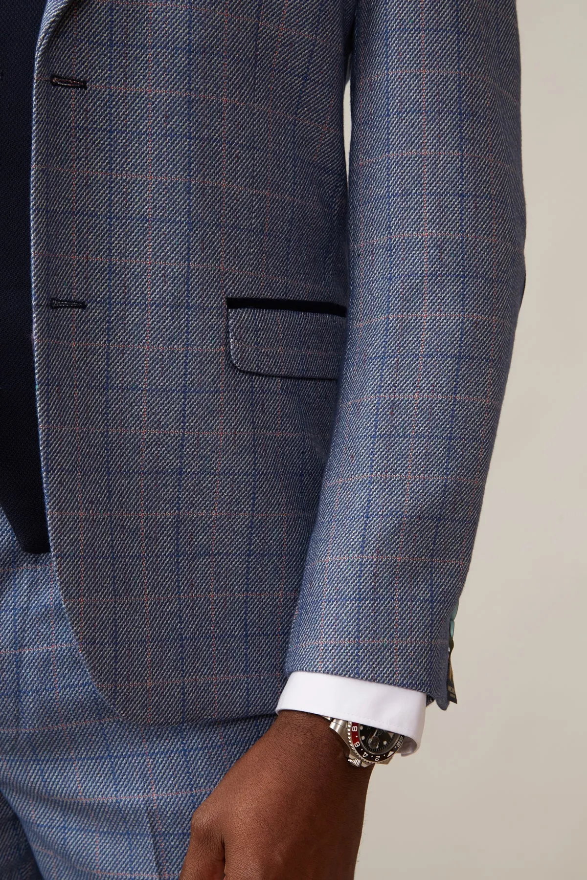 HILTON - Blue Velvet Trim Tweed Check Blazer