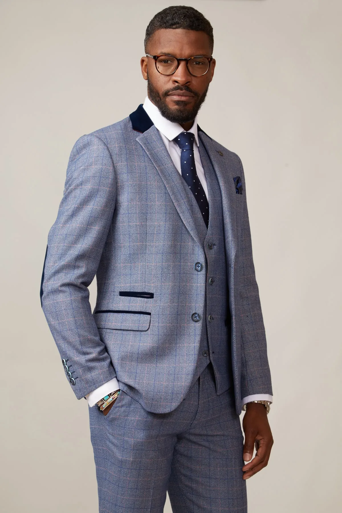 HILTON - Blue Velvet Trim Tweed Check Blazer