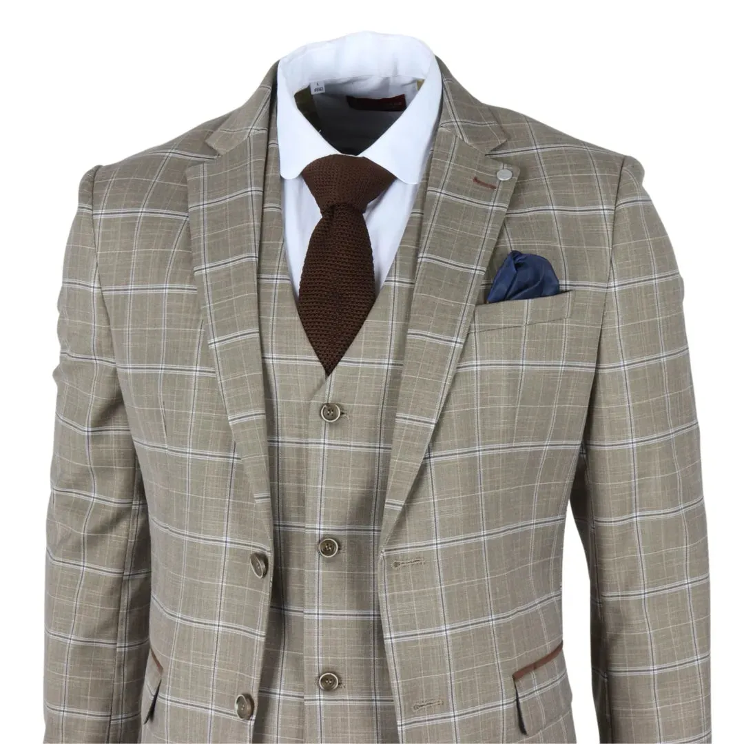 Hode - Men's Brown Checked Plaid Tailored Fit 3 Piece Suit