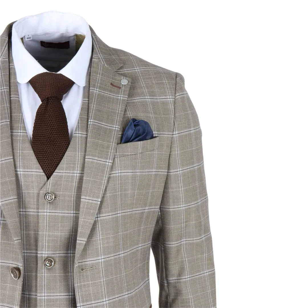 Hode - Men's Brown Checked Plaid Tailored Fit 3 Piece Suit