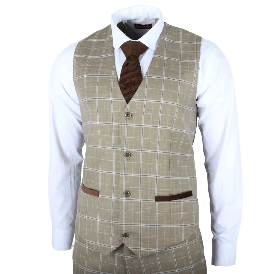 Hode - Men's Brown Checked Plaid Tailored Fit 3 Piece Suit