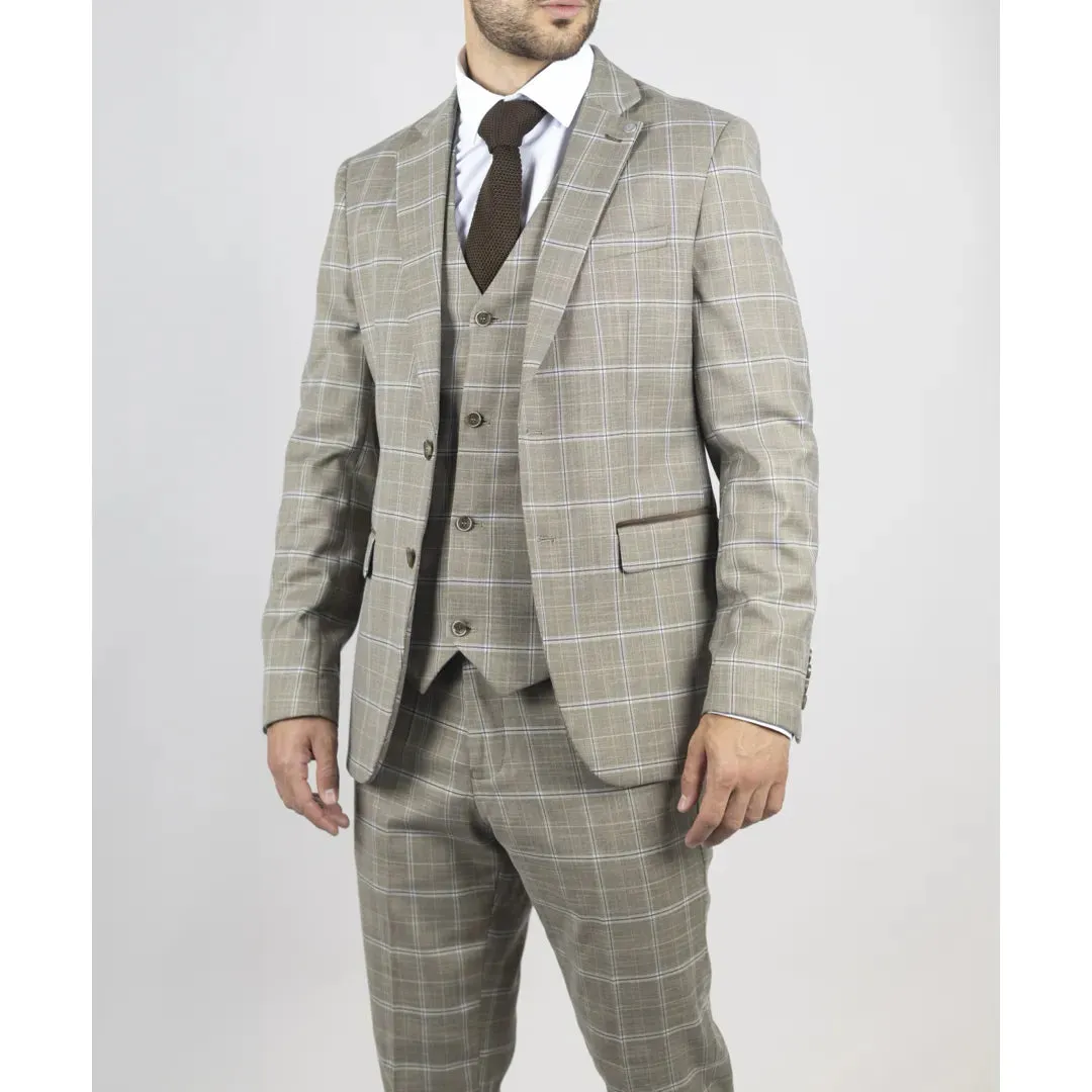 Hode - Men's Brown Checked Plaid Tailored Fit 3 Piece Suit