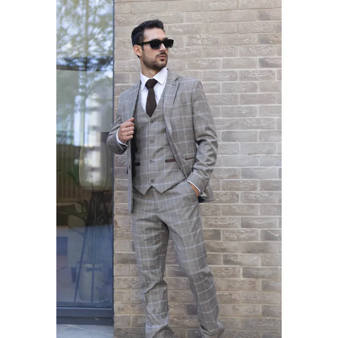 Hode - Men's Brown Checked Plaid Tailored Fit 3 Piece Suit