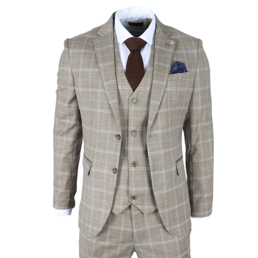 Hode - Men's Brown Checked Plaid Tailored Fit 3 Piece Suit