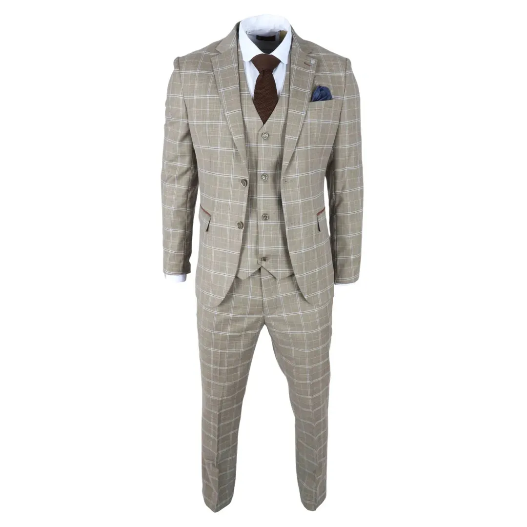 Hode - Men's Brown Checked Plaid Tailored Fit 3 Piece Suit