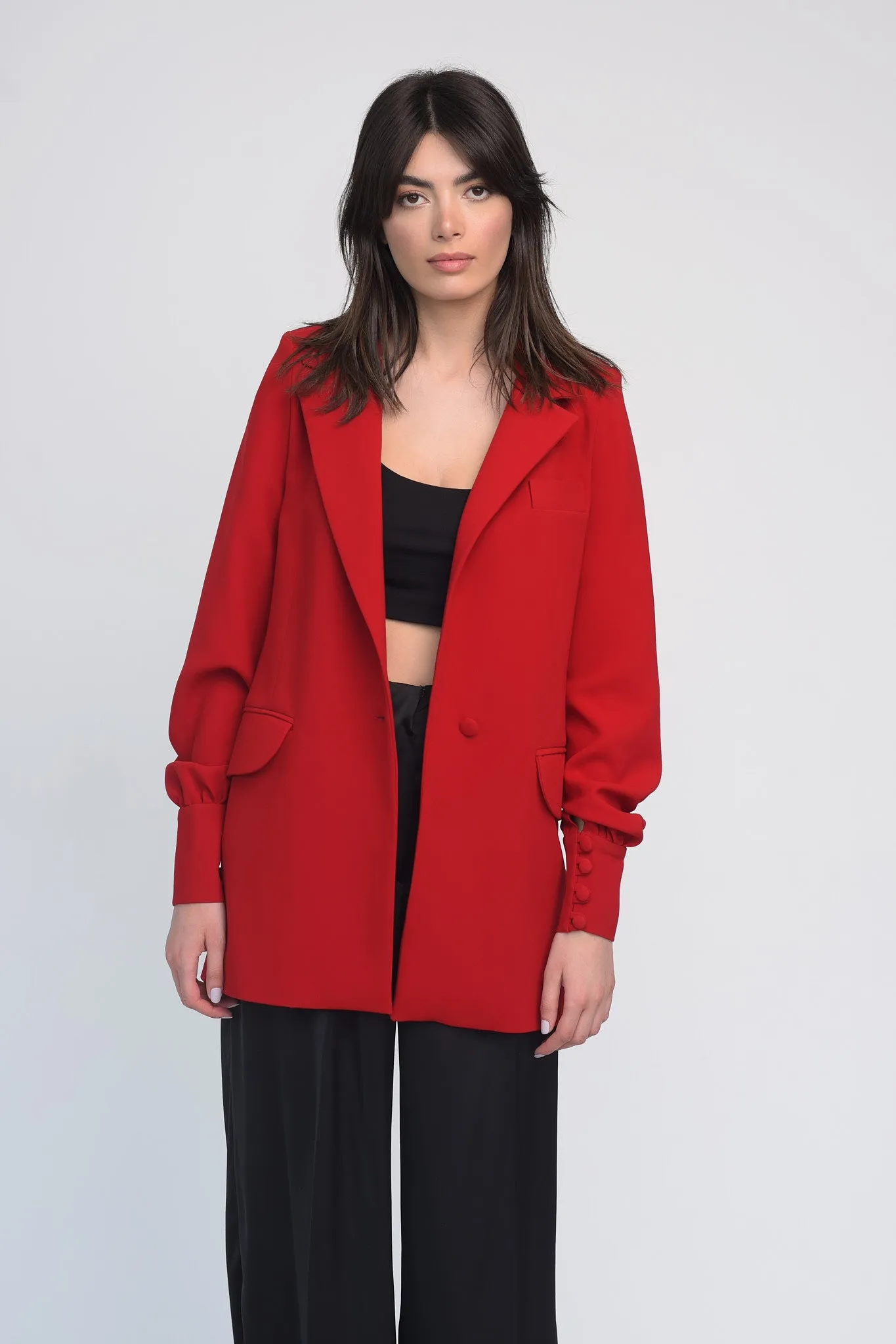 Lantern sleeve crepe blazer in red