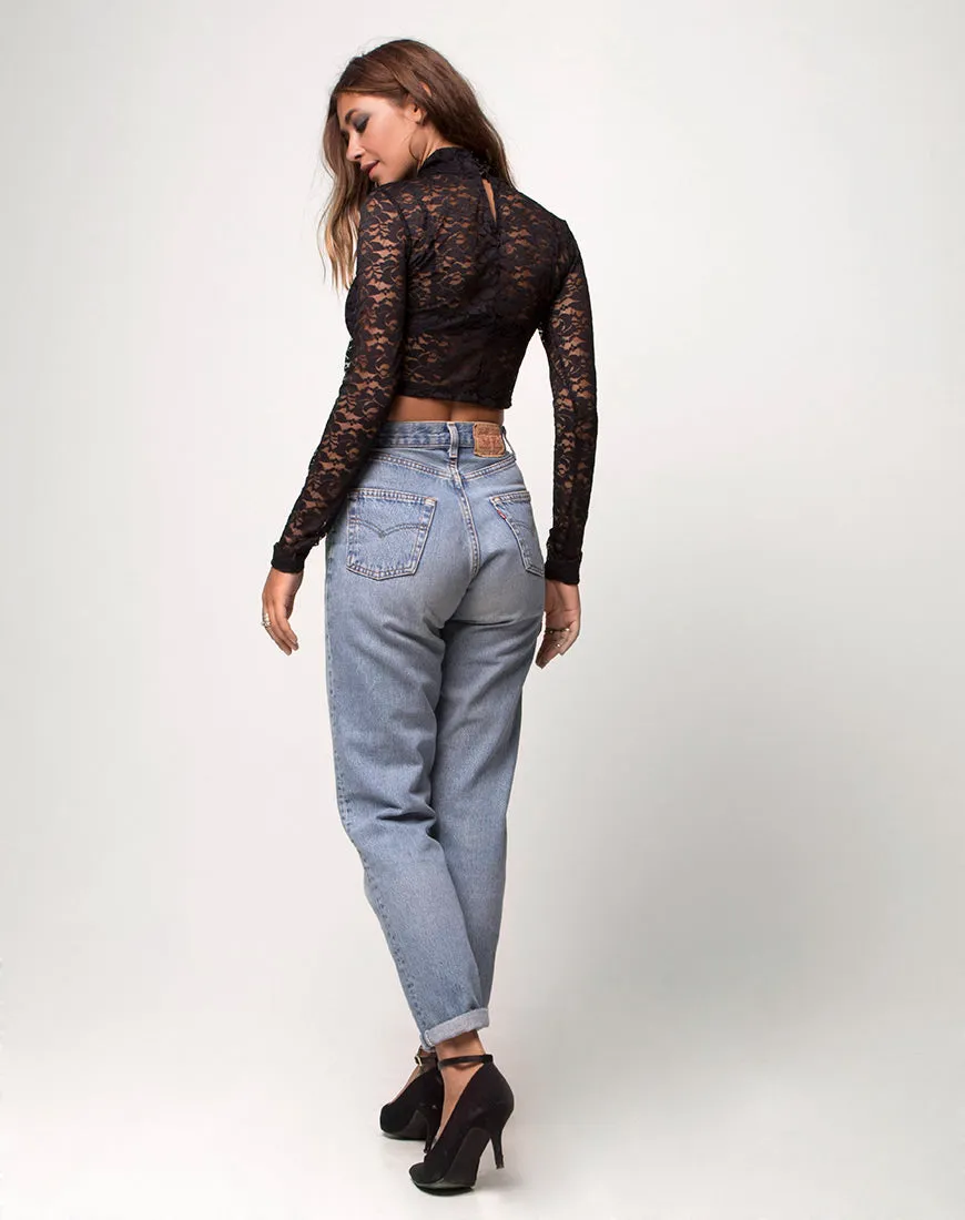 Lara Crop Top in Rose Lace Black